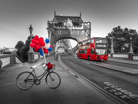 Colorful balloons and bunch of roses on a bicycle at Tower bridge, London, UK Black Ornate Wood Framed Art Print with Double Matting by Frank, Assaf