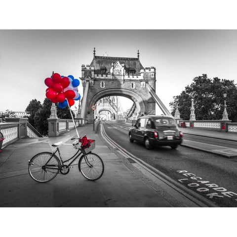 Colorful balloons and bunch of roses on a bicycle at Tower bridge, London, UK Gold Ornate Wood Framed Art Print with Double Matting by Frank, Assaf