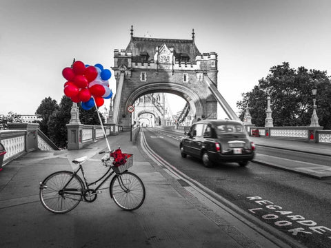 Colorful balloons and bunch of roses on a bicycle at Tower bridge, London, UK Black Ornate Wood Framed Art Print with Double Matting by Frank, Assaf