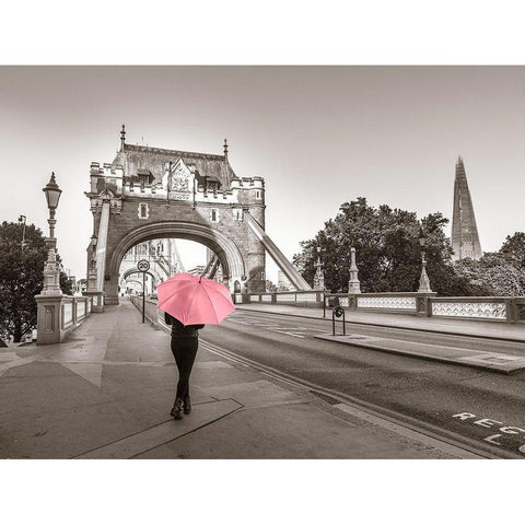 Lady with a pink umbrella, Tower bridge, London Black Modern Wood Framed Art Print with Double Matting by Frank, Assaf
