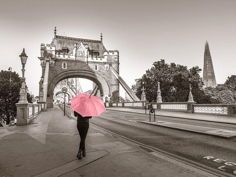 Lady with a pink umbrella, Tower bridge, London Black Ornate Wood Framed Art Print with Double Matting by Frank, Assaf