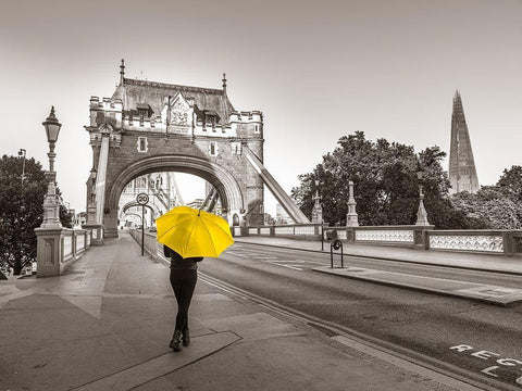 Lady with a yellow umbrella, Tower bridge, London Black Ornate Wood Framed Art Print with Double Matting by Frank, Assaf