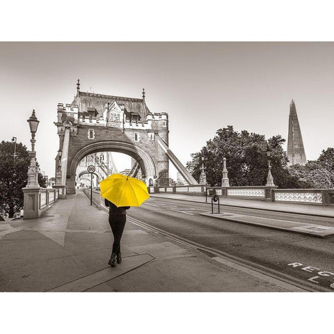 Lady with a yellow umbrella, Tower bridge, London Black Modern Wood Framed Art Print with Double Matting by Frank, Assaf
