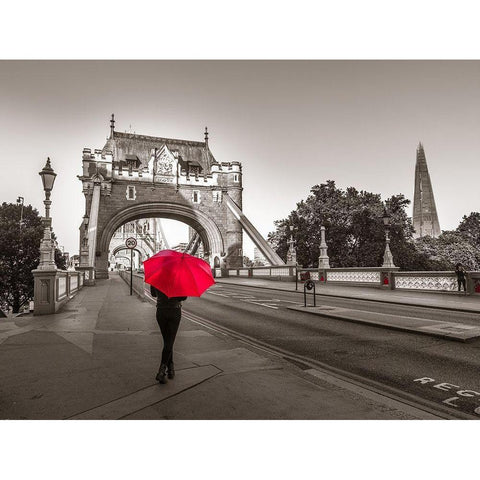 Tourist with umbrella on Tower Bridge, London, UK Black Modern Wood Framed Art Print with Double Matting by Frank, Assaf