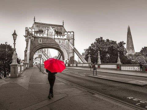 Tourist with umbrella on Tower Bridge, London, UK White Modern Wood Framed Art Print with Double Matting by Frank, Assaf