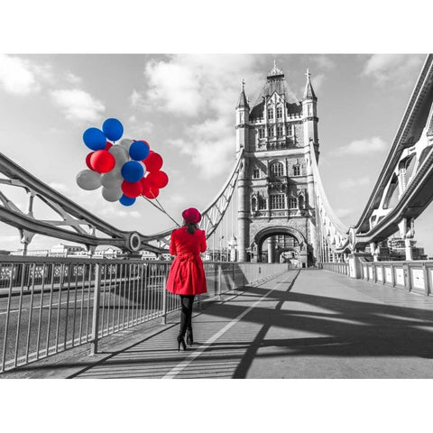 Tourist with colorful balloons on Tower Bridge, London, UK Black Modern Wood Framed Art Print with Double Matting by Frank, Assaf