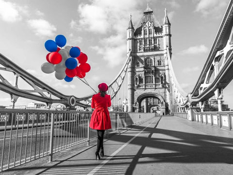 Tourist with colorful balloons on Tower Bridge, London, UK Black Ornate Wood Framed Art Print with Double Matting by Frank, Assaf