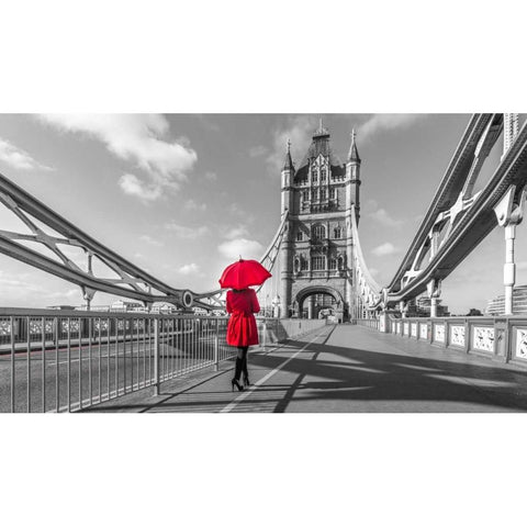 Tourist with red umbrella on Tower Bridge, London, UK Black Modern Wood Framed Art Print with Double Matting by Frank, Assaf