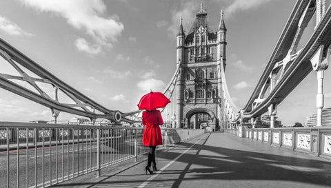Tourist with red umbrella on Tower Bridge, London, UK Black Ornate Wood Framed Art Print with Double Matting by Frank, Assaf