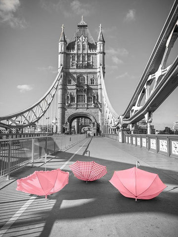 Pink umbrellas, Tower bridge, London Black Ornate Wood Framed Art Print with Double Matting by Frank, Assaf