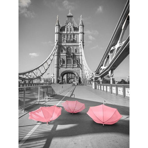 Pink umbrellas, Tower bridge, London Black Modern Wood Framed Art Print with Double Matting by Frank, Assaf