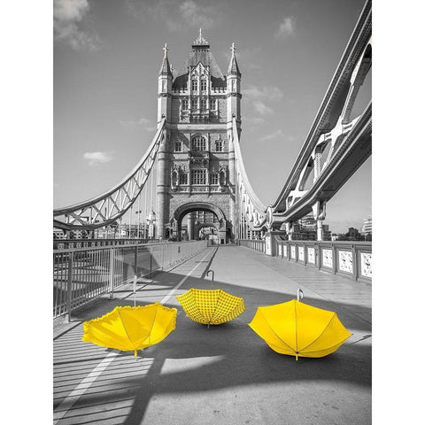 Yellow umbrellas, Tower bridge, London Black Modern Wood Framed Art Print with Double Matting by Frank, Assaf