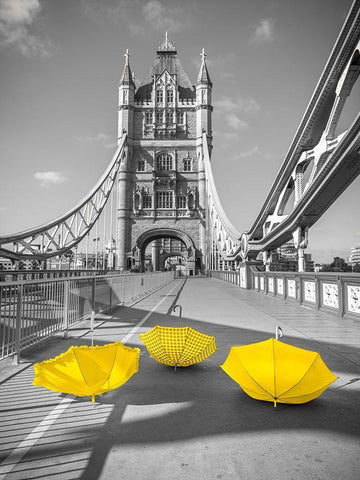 Yellow umbrellas, Tower bridge, London White Modern Wood Framed Art Print with Double Matting by Frank, Assaf