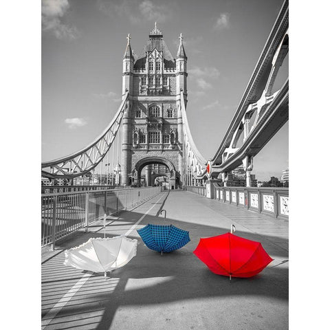 Colorful umbrellas on Tower bridge, London, UK Black Modern Wood Framed Art Print with Double Matting by Frank, Assaf