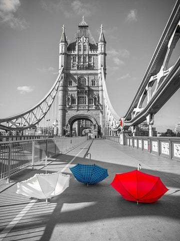 Colorful umbrellas on Tower bridge, London, UK Black Ornate Wood Framed Art Print with Double Matting by Frank, Assaf