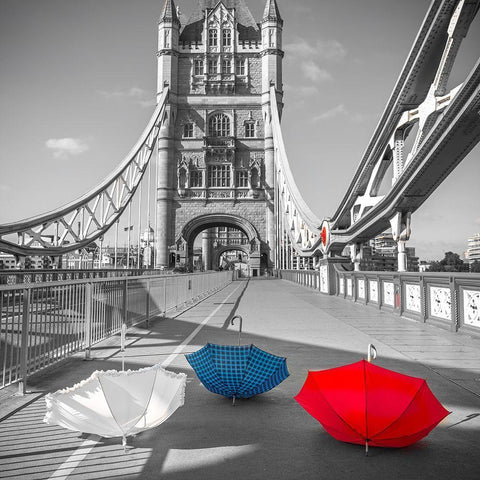 Colorful umbrellas on Tower bridge, London, UK Black Modern Wood Framed Art Print with Double Matting by Frank, Assaf