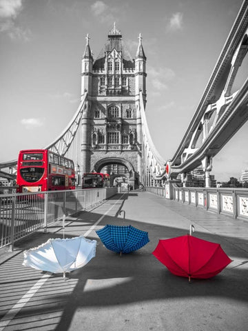 Colorful umbrellas on Tower bridge, London, UK Black Ornate Wood Framed Art Print with Double Matting by Frank, Assaf