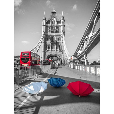 Colorful umbrellas on Tower bridge, London, UK Black Modern Wood Framed Art Print by Frank, Assaf