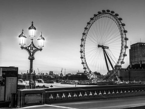 Street lamp on Westminster Bridge with London Eye in background, London, UK White Modern Wood Framed Art Print with Double Matting by Frank, Assaf