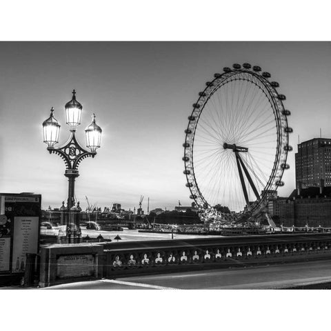 Street lamp on Westminster Bridge with London Eye in background, London, UK Black Modern Wood Framed Art Print with Double Matting by Frank, Assaf