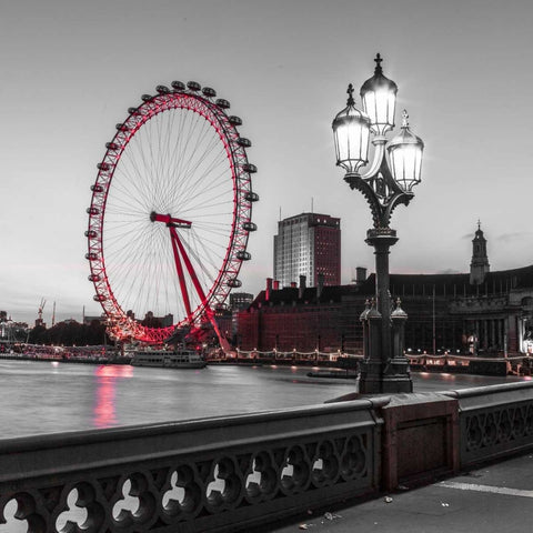 Street lamp on Westminster Bridge with London Eye in background, London, UK White Modern Wood Framed Art Print with Double Matting by Frank, Assaf