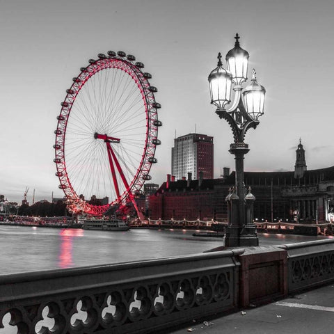 Street lamp on Westminster Bridge with London Eye in background, London, UK Black Modern Wood Framed Art Print with Double Matting by Frank, Assaf