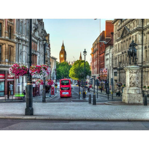Streets of London city with double decker bus, UK Black Modern Wood Framed Art Print with Double Matting by Frank, Assaf