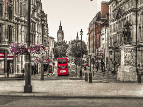 Streets of London city with double decker bus, UK White Modern Wood Framed Art Print with Double Matting by Frank, Assaf