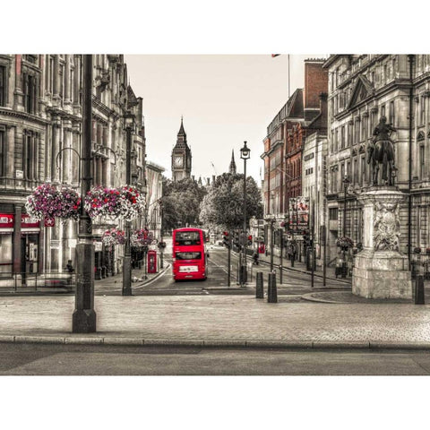 Streets of London city with double decker bus, UK Black Modern Wood Framed Art Print with Double Matting by Frank, Assaf