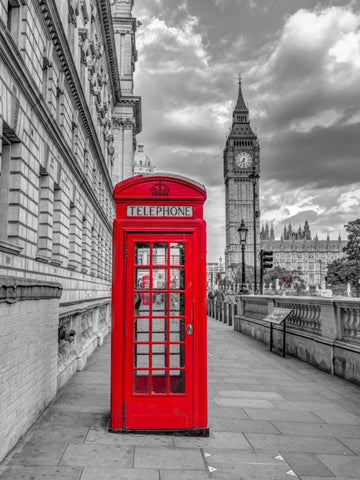 Telephone booth with Big Ben, London, UK, FTBR-1809 Black Ornate Wood Framed Art Print with Double Matting by Frank, Assaf