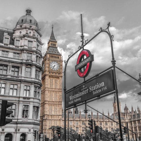 Westminster subway station signboard with Big Ben, London, UK, FTBR-1918 Black Modern Wood Framed Art Print with Double Matting by Frank, Assaf