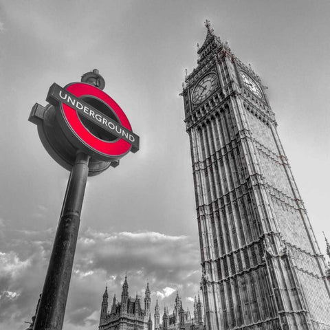 Underground sign with Big Ben, London, UK, FTBR-1810 Black Modern Wood Framed Art Print with Double Matting by Frank, Assaf