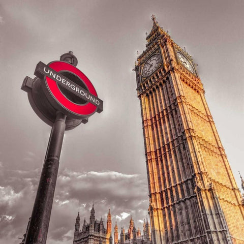Underground sign with Big Ben, London, UK, FTBR-1906 Black Modern Wood Framed Art Print with Double Matting by Frank, Assaf