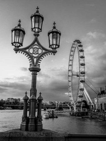 Street lamp with London Eye, London, UK White Modern Wood Framed Art Print with Double Matting by Frank, Assaf