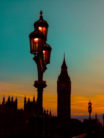 Street lamp with Big Ben, London, UK White Modern Wood Framed Art Print with Double Matting by Frank, Assaf