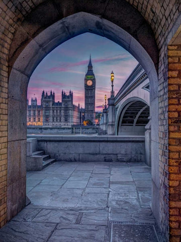 View of Westminster Abby and Big Ben from Thames promenade arch, London, UK Black Ornate Wood Framed Art Print with Double Matting by Frank, Assaf
