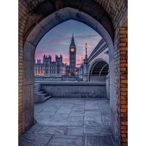 View of Westminster Abby and Big Ben from Thames promenade arch, London, UK Black Modern Wood Framed Art Print with Double Matting by Frank, Assaf