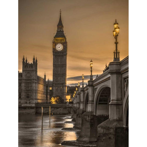 Westminster bridge and Big Ben from Thames promenade, London, UK Black Modern Wood Framed Art Print with Double Matting by Frank, Assaf