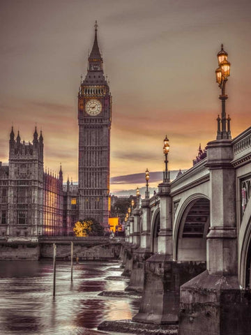 Westminster bridge and Big Ben from Thames promenade, London, UK, FTBR-1826 White Modern Wood Framed Art Print with Double Matting by Frank, Assaf