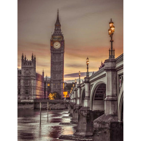 Westminster bridge and Big Ben from Thames promenade, London, UK, FTBR-1826 Black Modern Wood Framed Art Print with Double Matting by Frank, Assaf