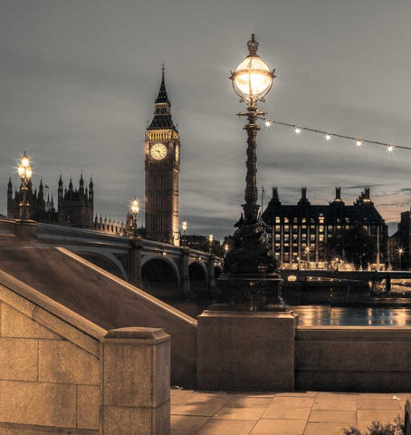 Westminster bridge and Big Ben from Thames promenade, London, UK White Modern Wood Framed Art Print with Double Matting by Frank, Assaf