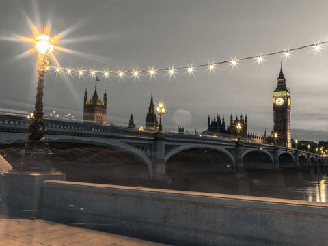 Westminster bridge and Big Ben from Thames promenade, London, UK White Modern Wood Framed Art Print with Double Matting by Frank, Assaf