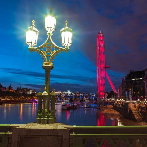 Street lamp with London Eye, London, UK Black Modern Wood Framed Art Print with Double Matting by Frank, Assaf