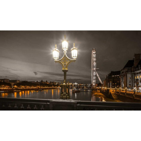 Street lamp with London Eye, London, UK Black Modern Wood Framed Art Print with Double Matting by Frank, Assaf