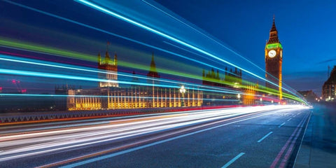 Westminster Abby and Big Ben with strip lights, London, UK White Modern Wood Framed Art Print with Double Matting by Frank, Assaf