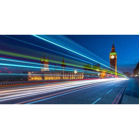 Westminster Abby and Big Ben with strip lights, London, UK Black Modern Wood Framed Art Print with Double Matting by Frank, Assaf