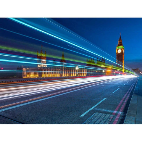 Westminster Abby and Big Ben with strip lights, London, UK Black Modern Wood Framed Art Print with Double Matting by Frank, Assaf