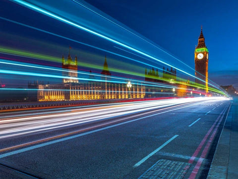 Westminster Abby and Big Ben with strip lights, London, UK Black Ornate Wood Framed Art Print with Double Matting by Frank, Assaf