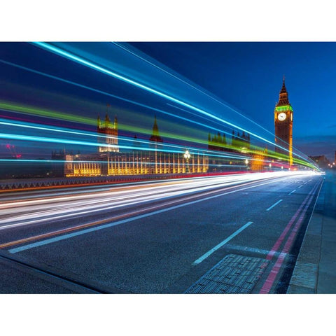 Westminster Abby and Big Ben with strip lights, London, UK Black Modern Wood Framed Art Print with Double Matting by Frank, Assaf