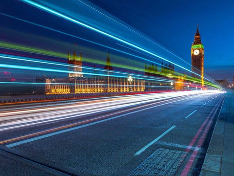 Westminster Abby and Big Ben with strip lights, London, UK Black Ornate Wood Framed Art Print with Double Matting by Frank, Assaf